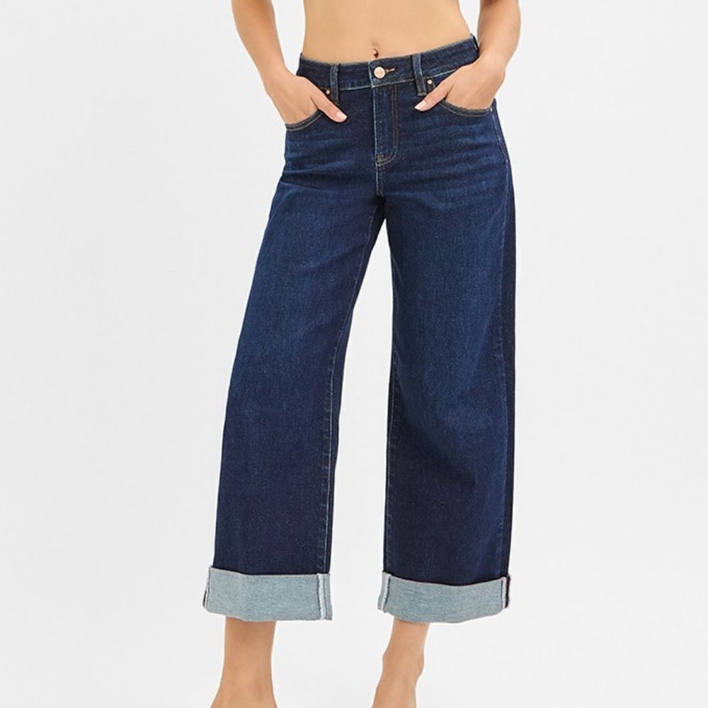 RISEN USA Mid Rise Fit Ankle Wide Leg Roll Up Women's Dark Blue Jeans sz 13 [31